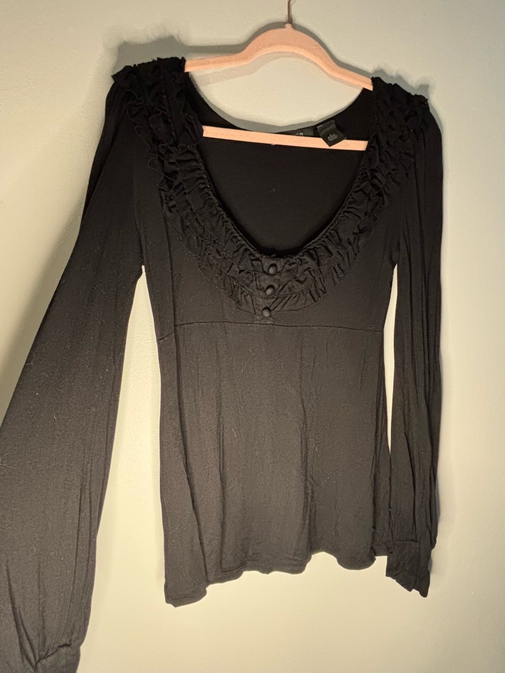 Arden B Black Ruffle Scoop Long Sleeve Top